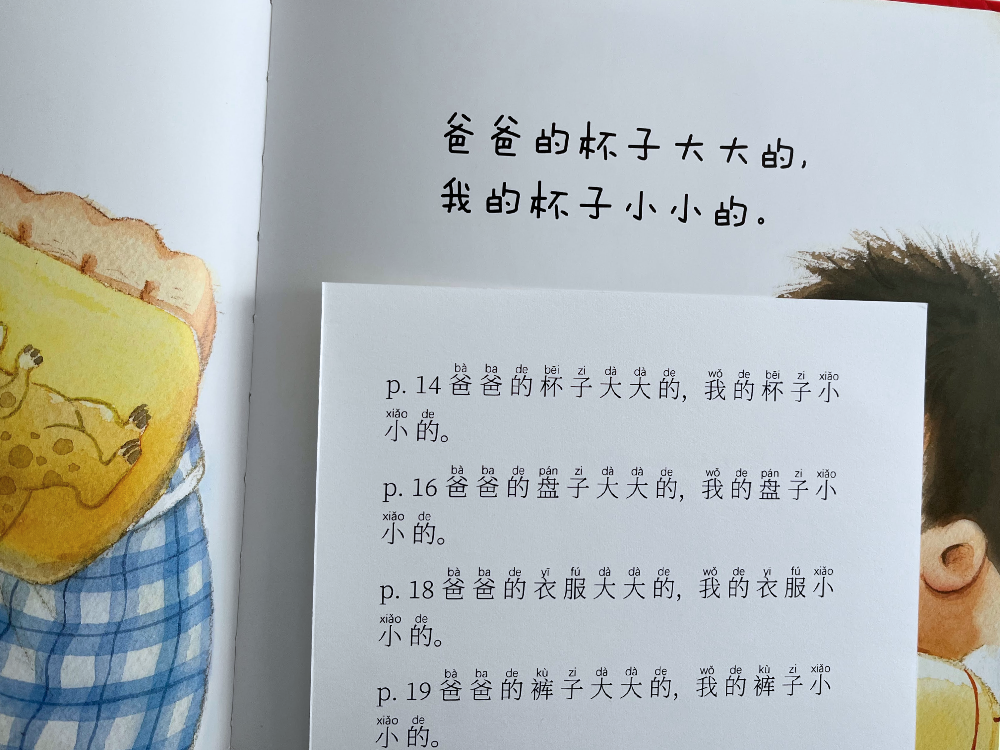 pinyin guide for "big and small" chinese kids book about household objects in simplified chinese