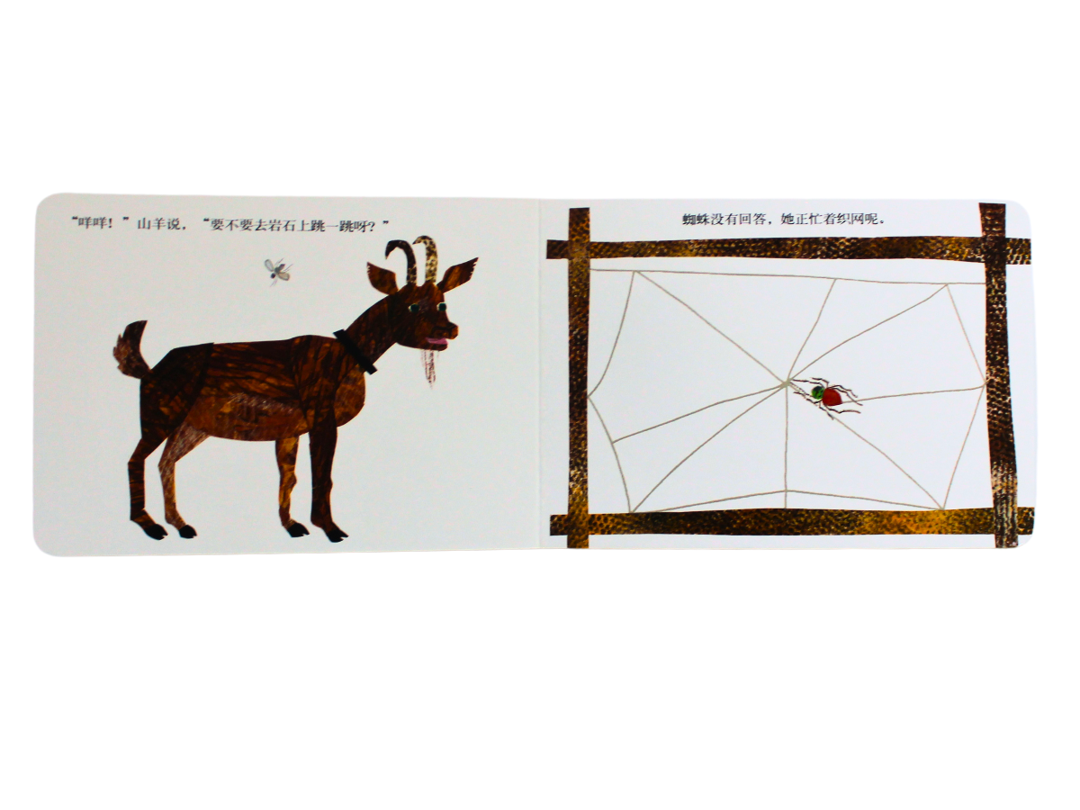 Inside pages of eric carle busy spider chinese pinyin board book for toddlers